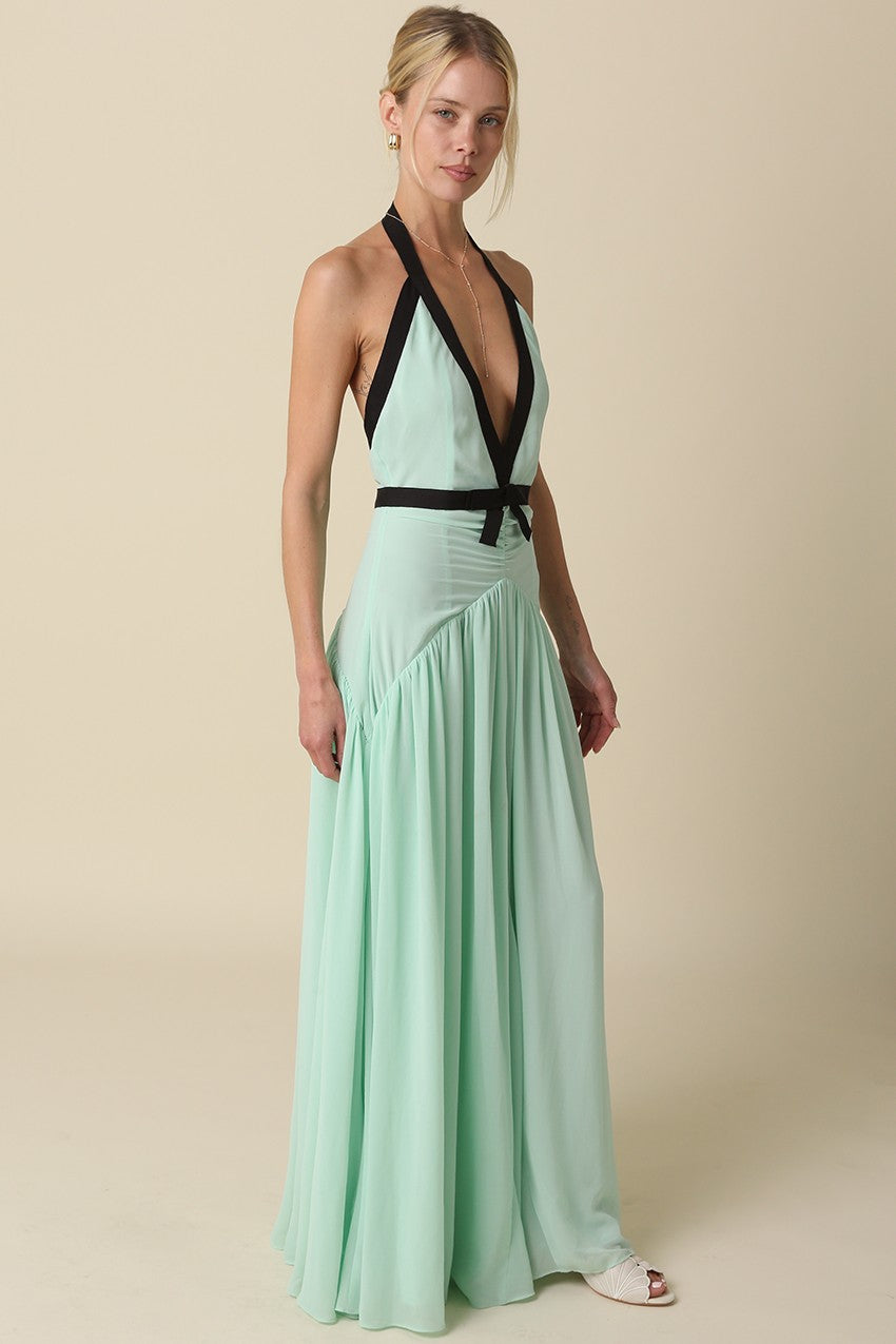 Quincy Sleeveless Halter Contrast Ribbon Maxi Dress Mint