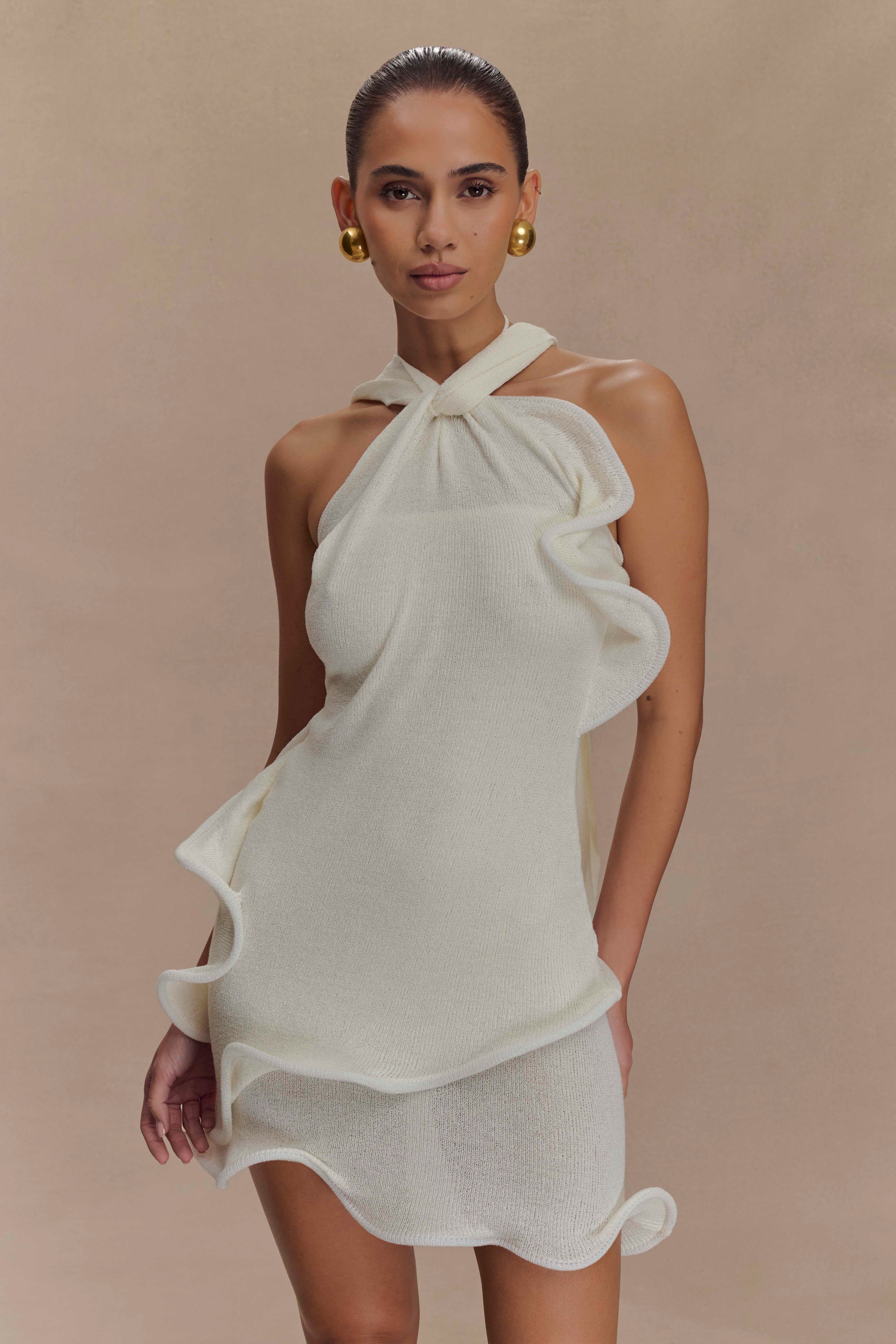 Caprice Halter Knit Mini Dress - White