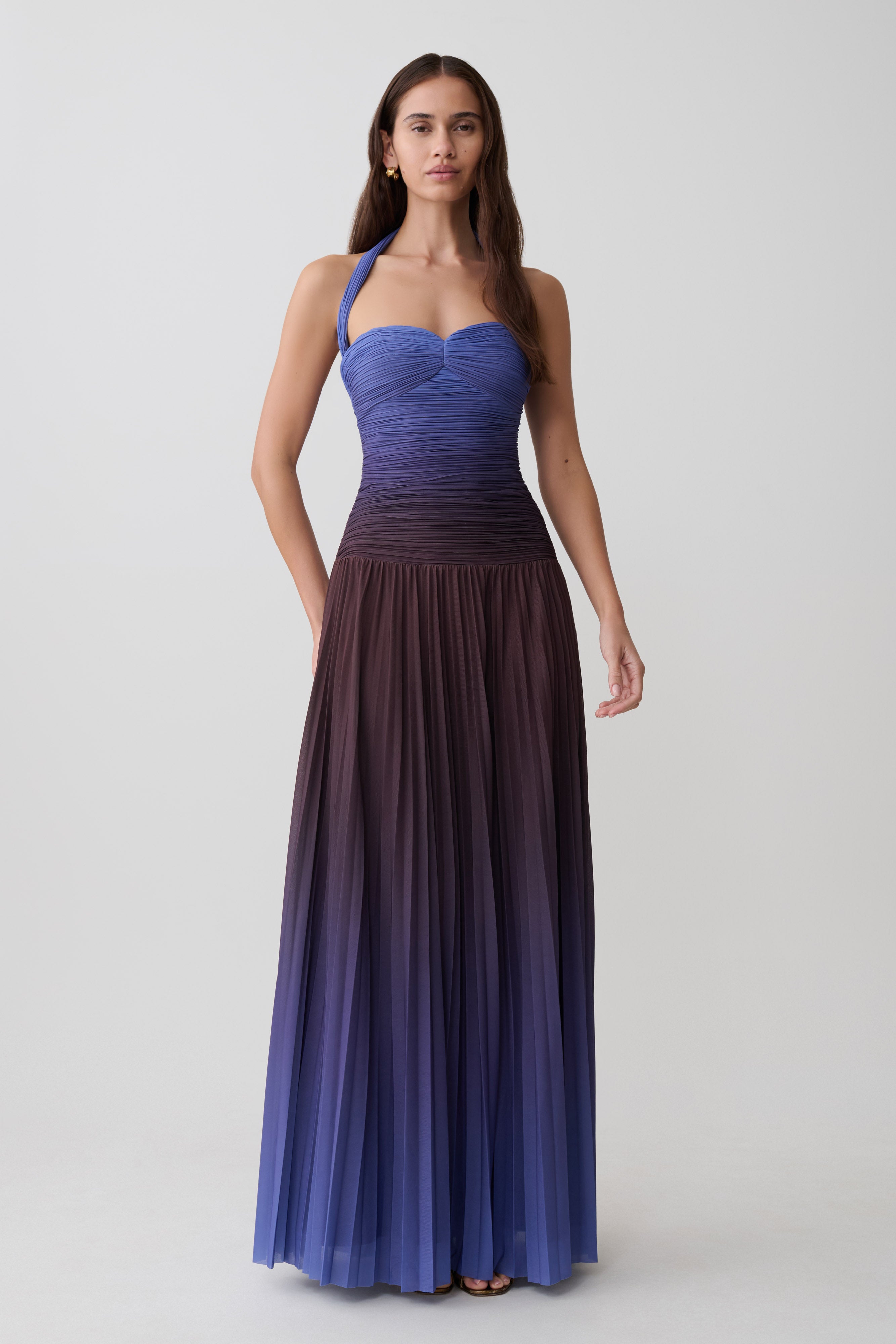 Azizi Pleated Halter Midi Dress - Chocolate & Blue Ombre Print 1