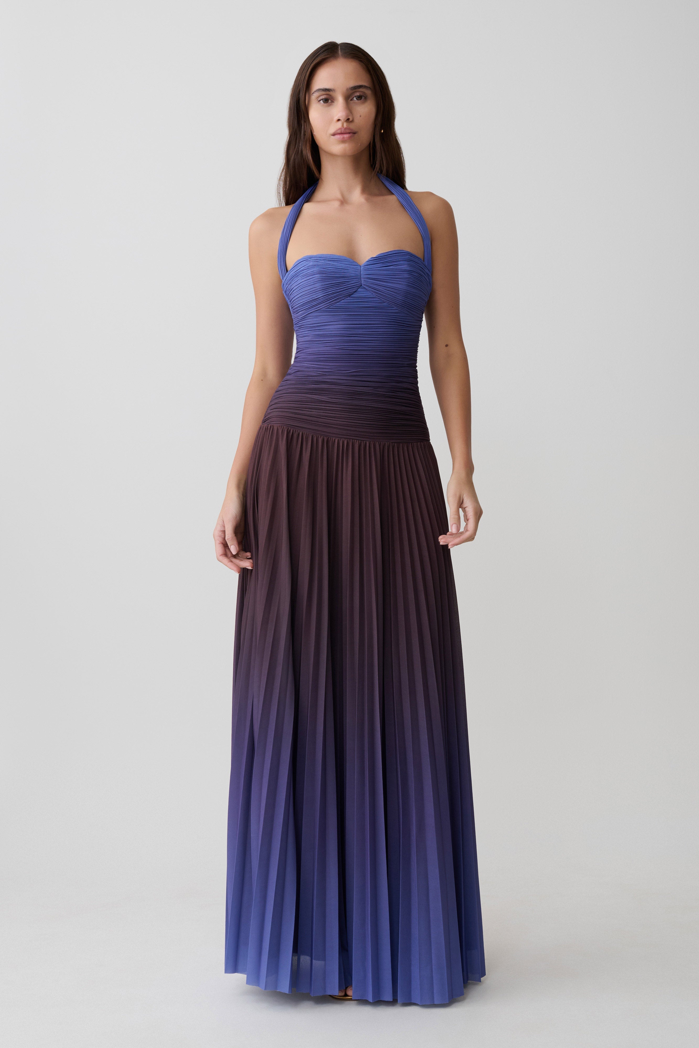 Azizi Pleated Halter Midi Dress - Chocolate & Blue Ombre Print 4