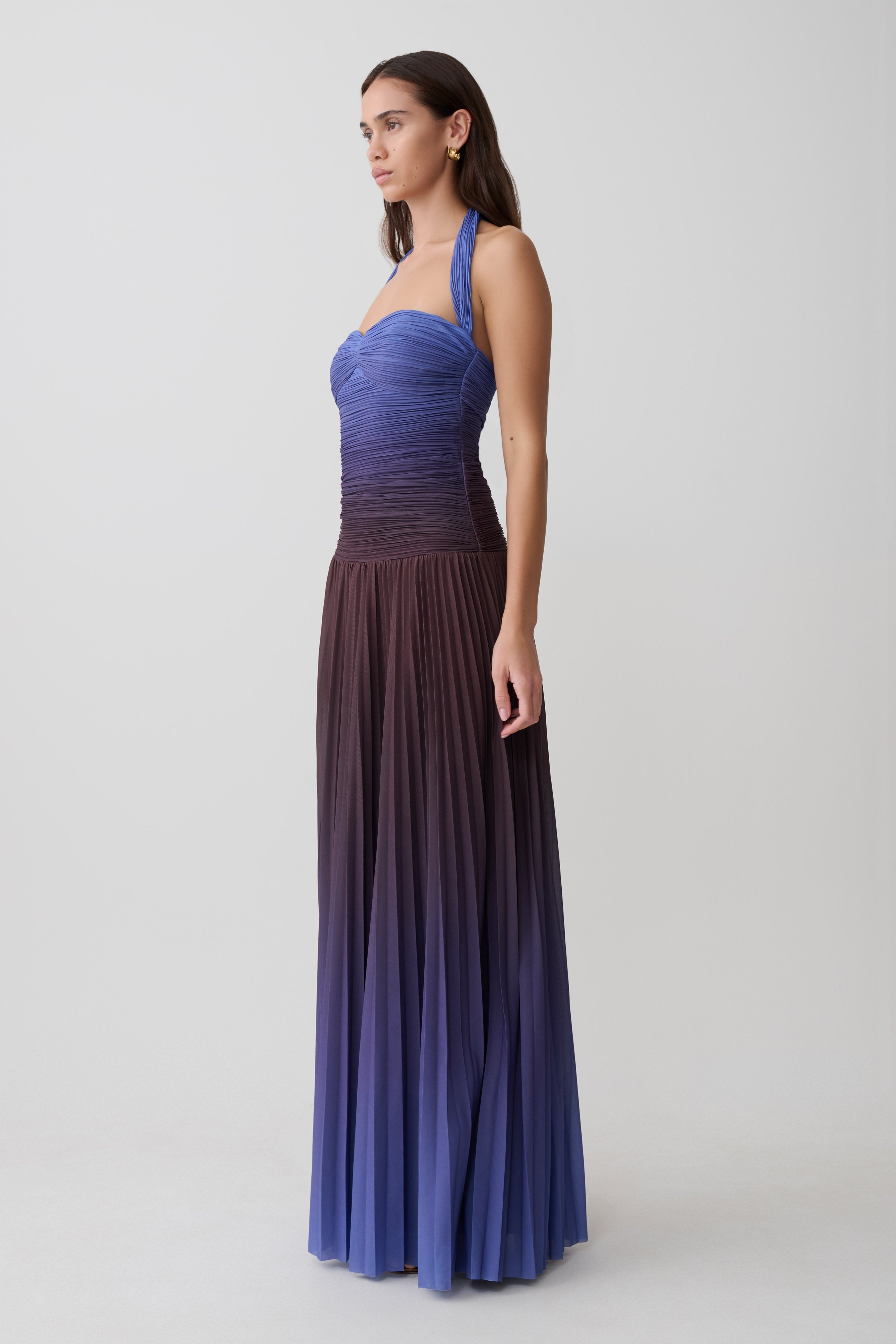 Azizi Pleated Halter Midi Dress - Chocolate & Blue Ombre Print 3