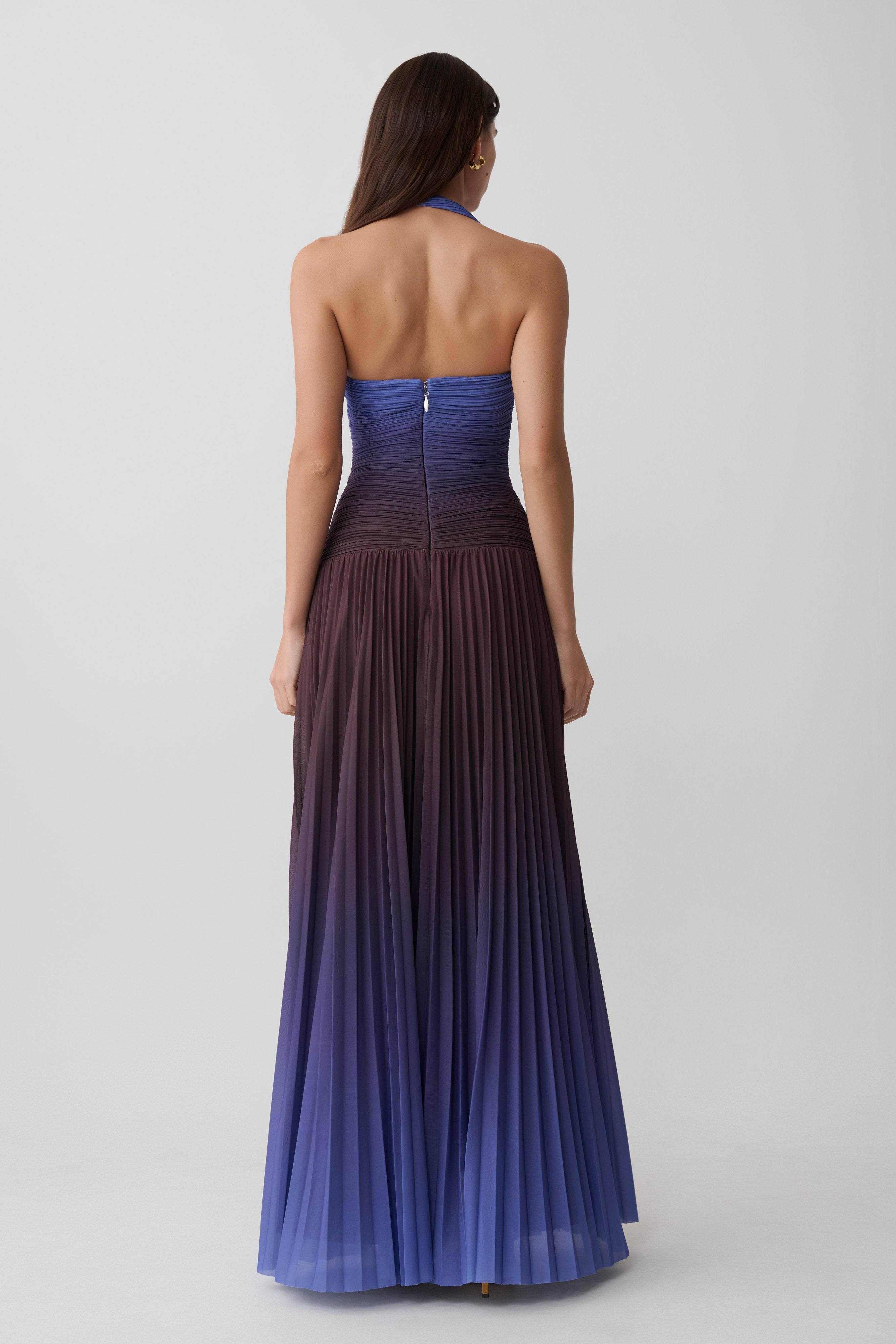 Azizi Pleated Halter Midi Dress - Chocolate & Blue Ombre Print 2