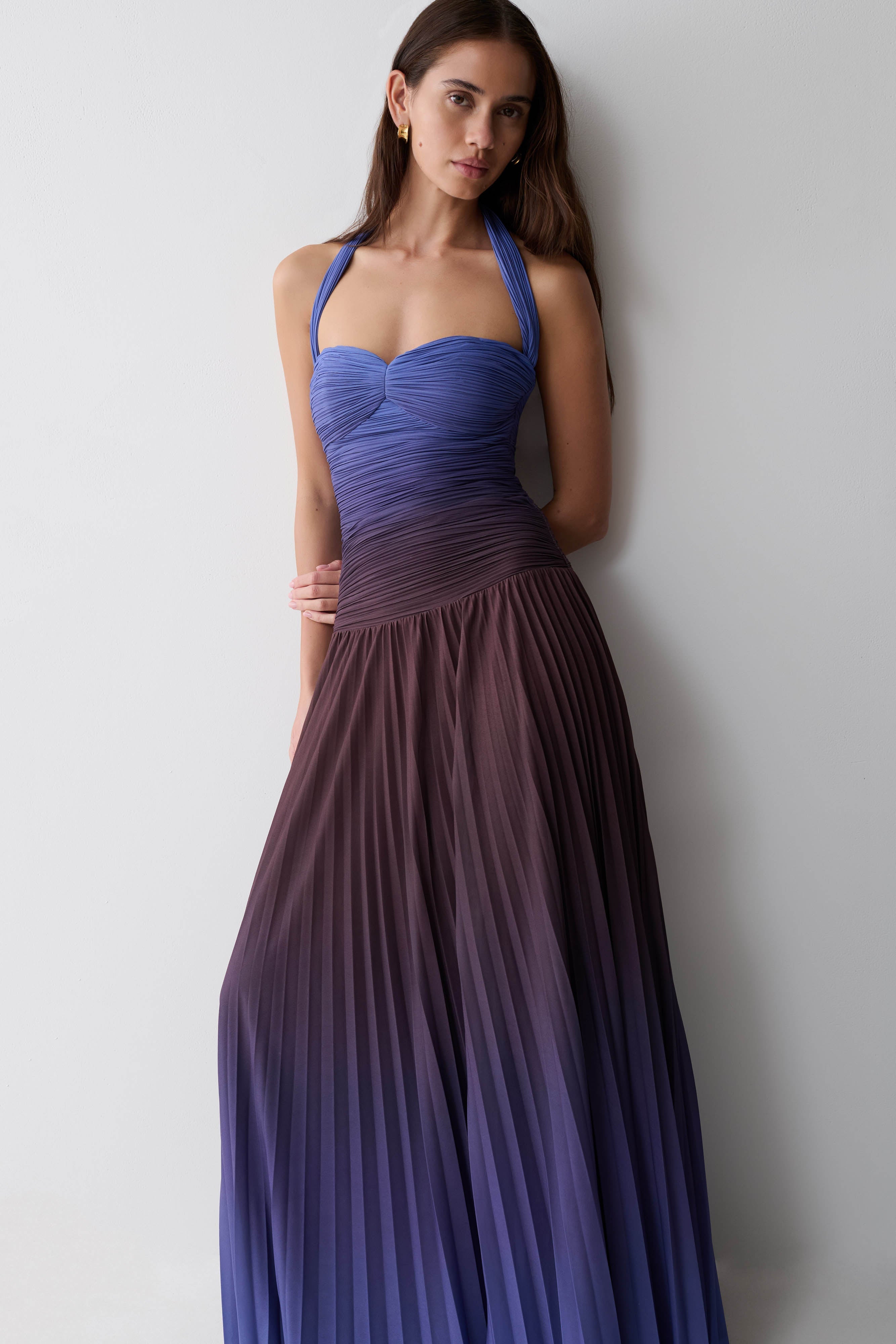Azizi Pleated Halter Midi Dress - Chocolate & Blue Ombre Print 6