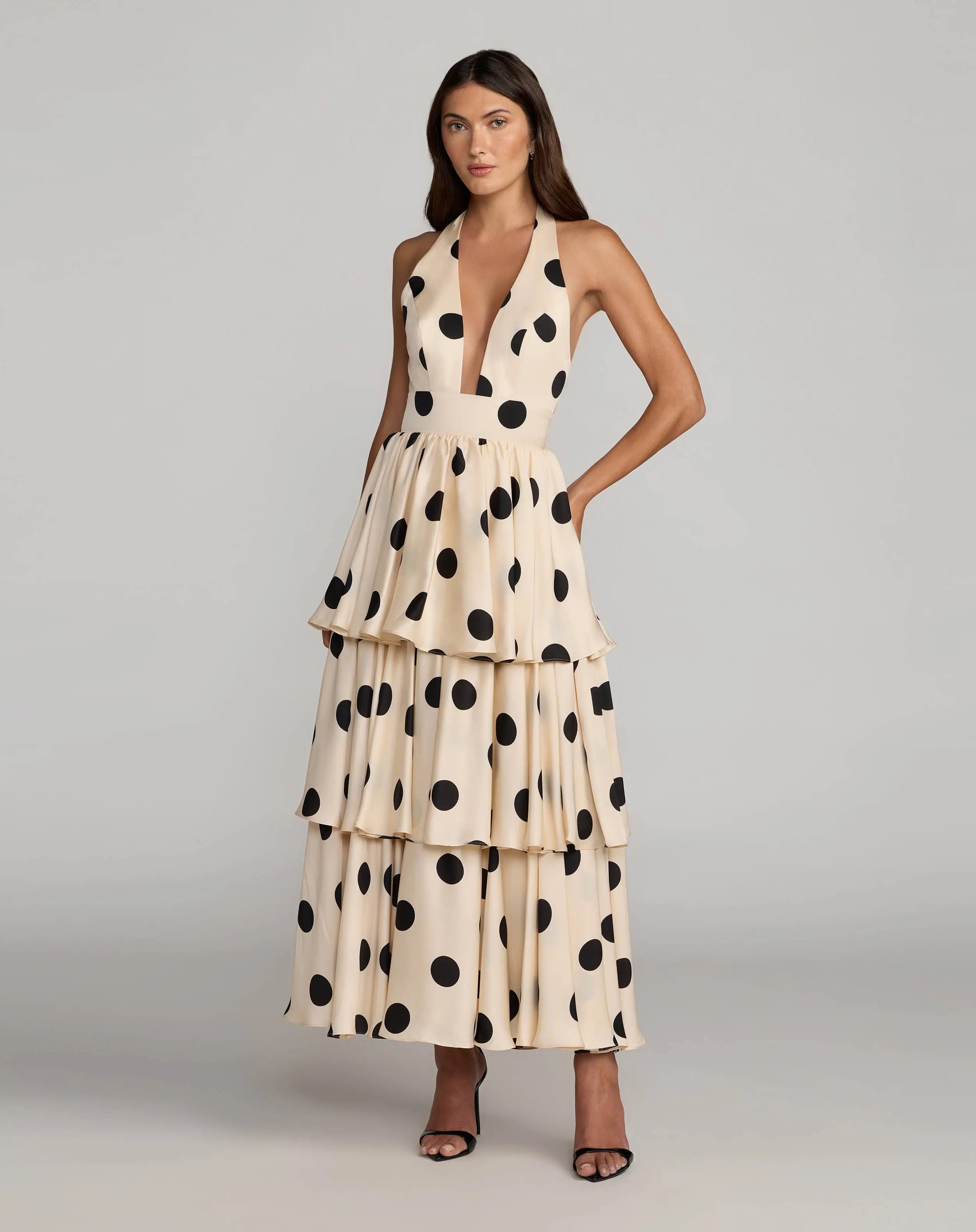 Beige Halter Neck Polka Dot Ruffle Maxi Dress 1