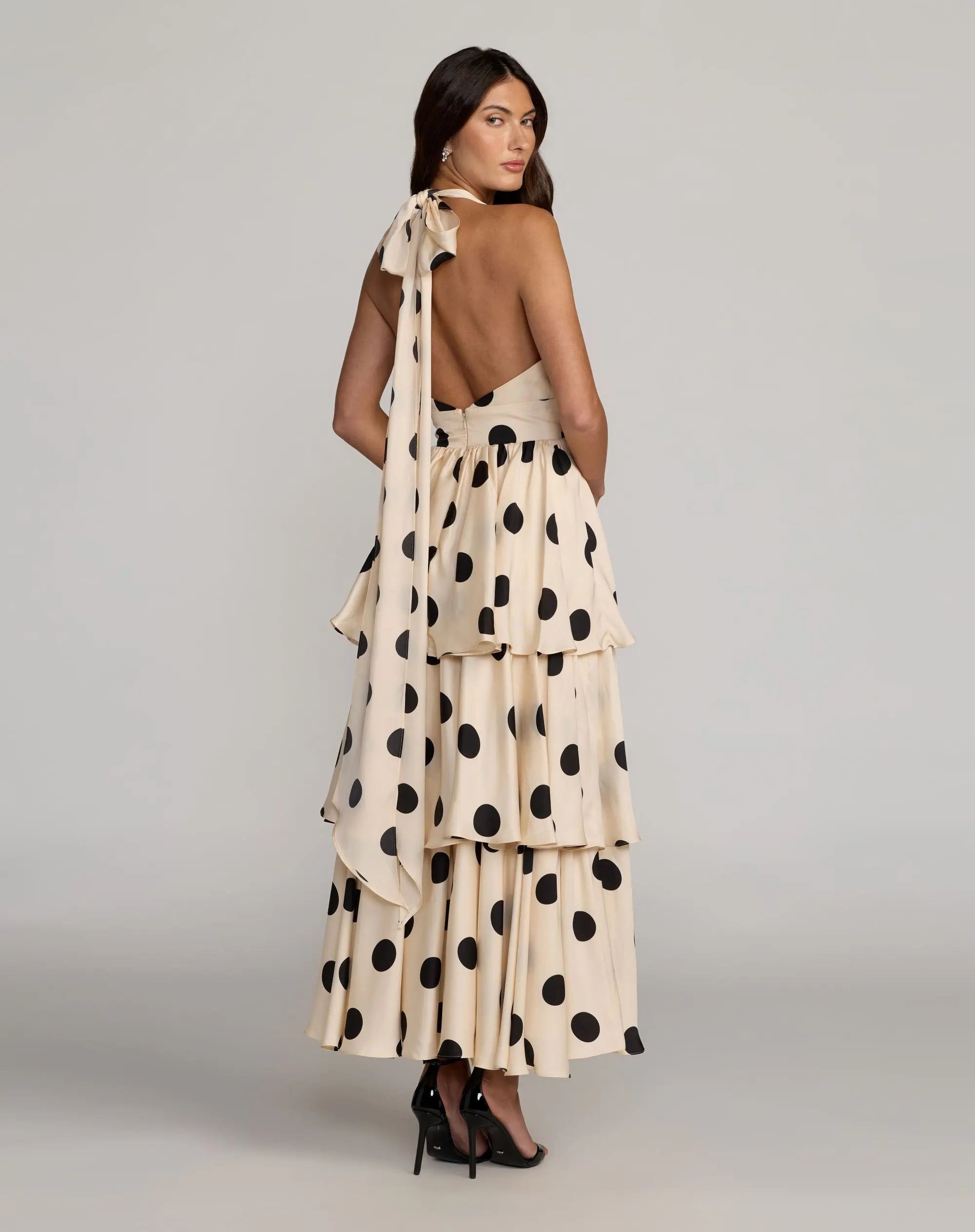 Beige Halter Neck Polka Dot Ruffle Maxi Dress 4