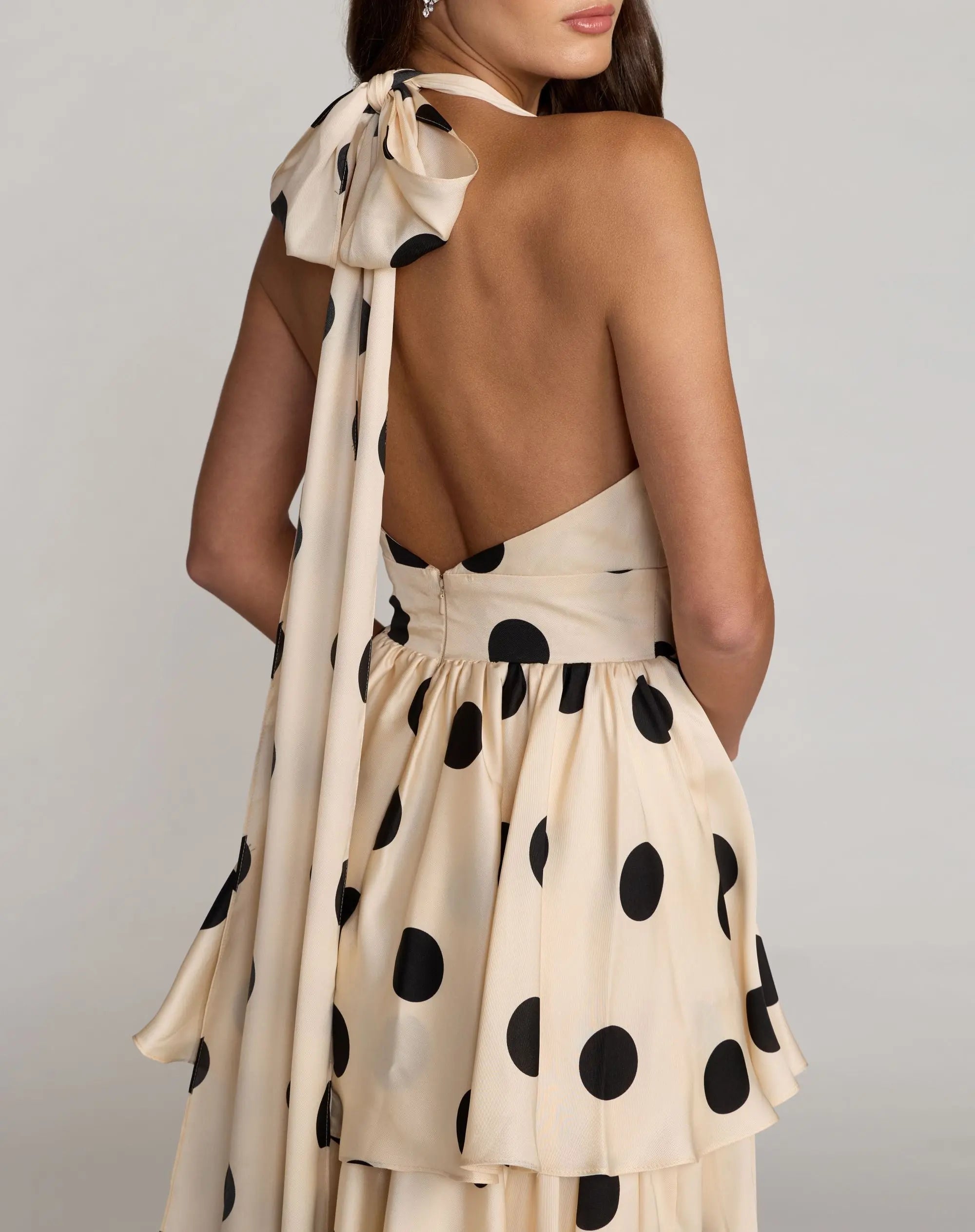 Beige Halter Neck Polka Dot Ruffle Maxi Dress 3
