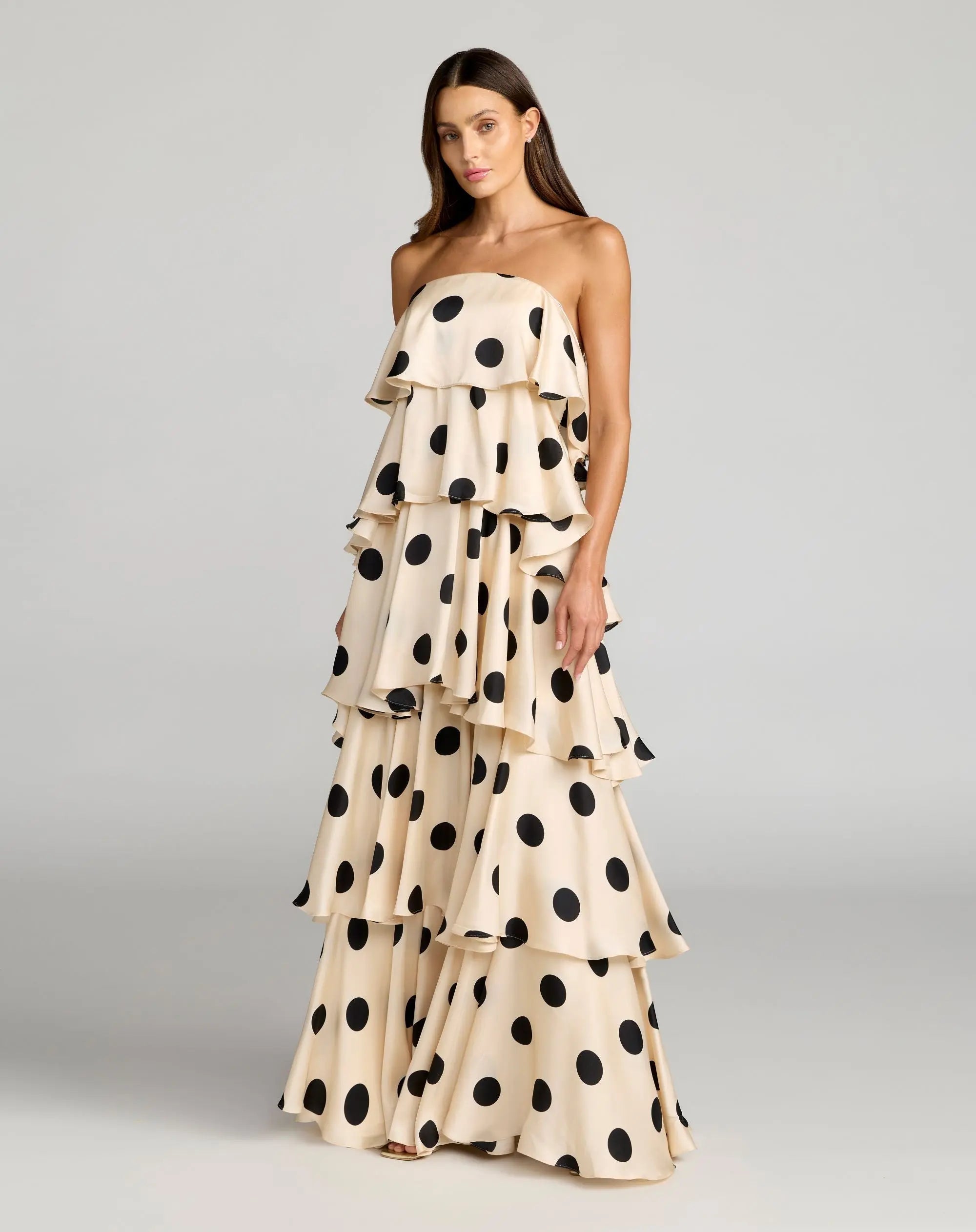 Beige Strapless Polka Dot Charmeuse Ruffle Gown 1