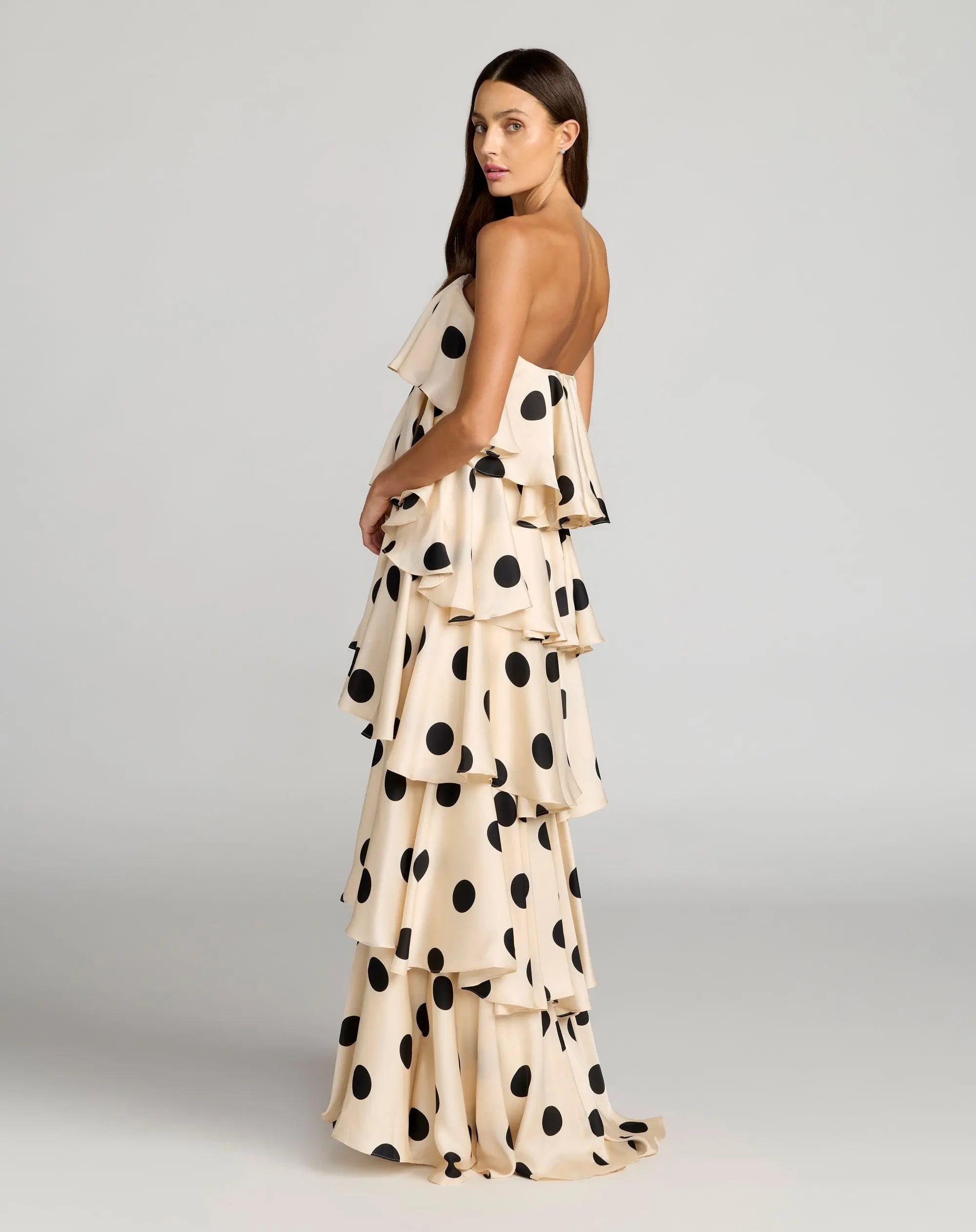 Beige Strapless Polka Dot Charmeuse Ruffle Gown 3