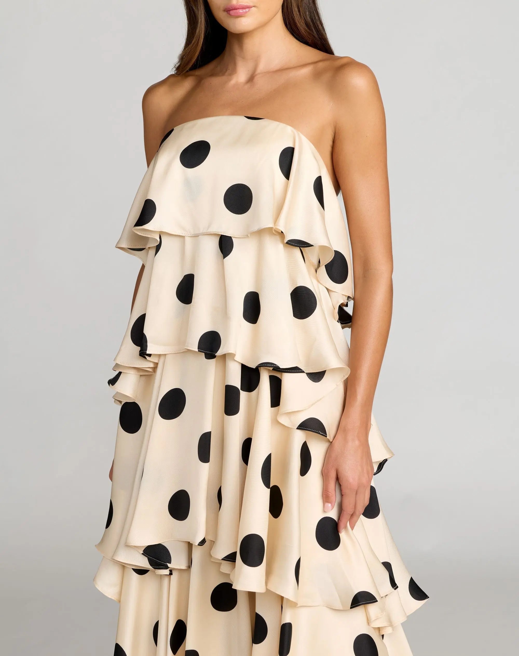 Beige Strapless Polka Dot Charmeuse Ruffle Gown 2