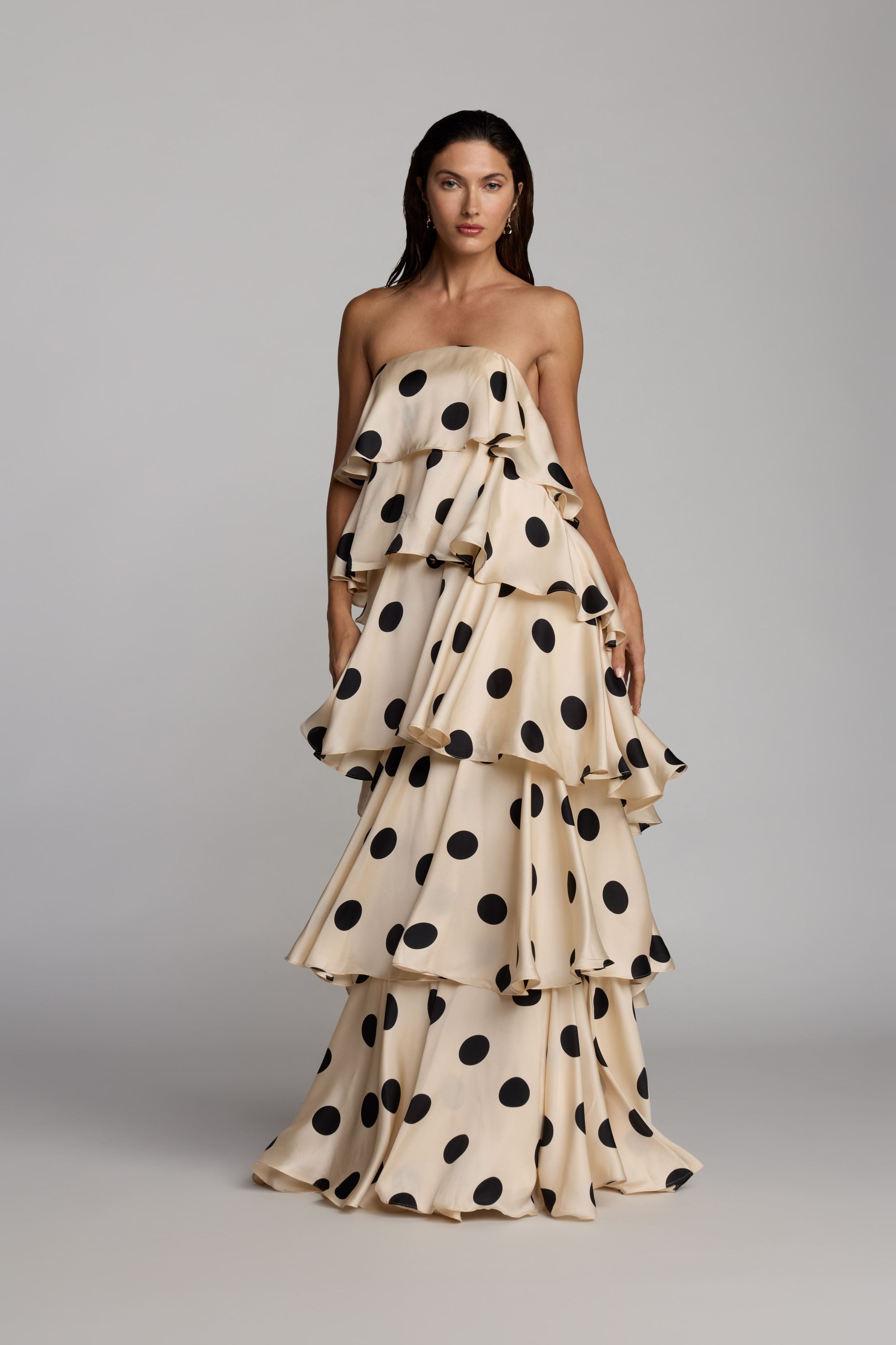 Beige Strapless Polka Dot Charmeuse Ruffle Gown 6