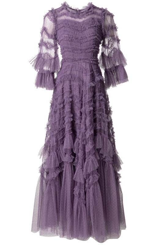 Lumiere Purple Halfsleeve crew neck ruffle slim-fit maxi dress