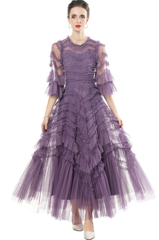 Lumiere Purple Halfsleeve crew neck ruffle slim-fit maxi dress