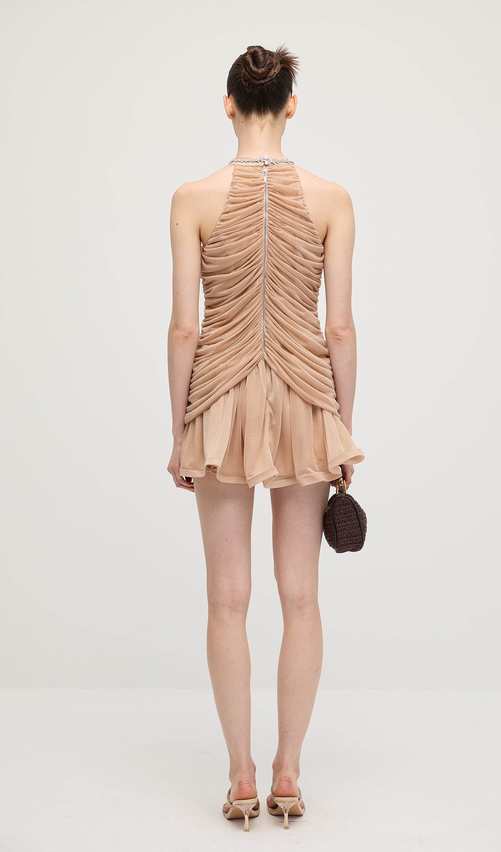 Embellished Ruched Mini Dress In Apricot