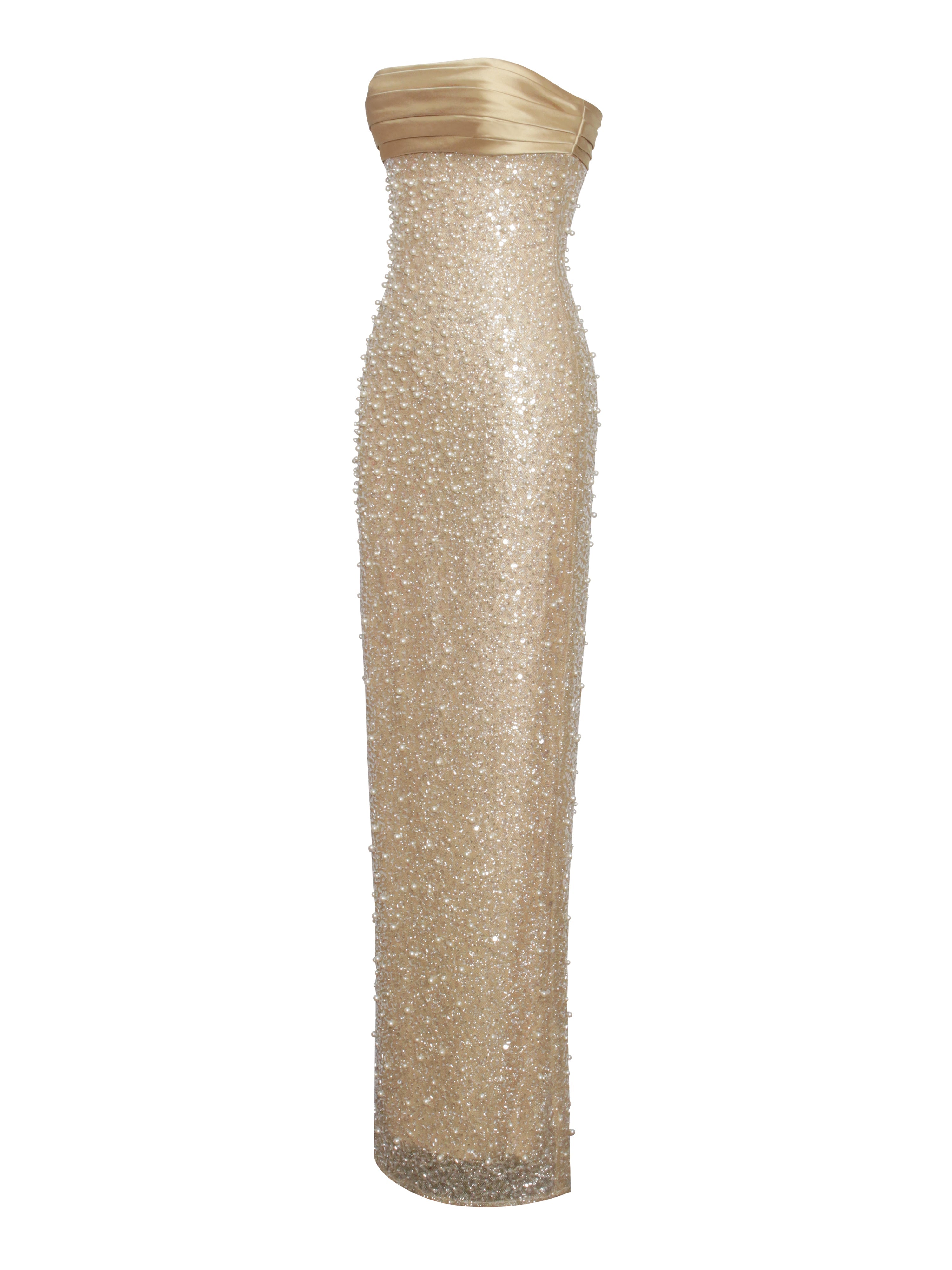 Lainey Golden satin sequin pearl beaded long dress