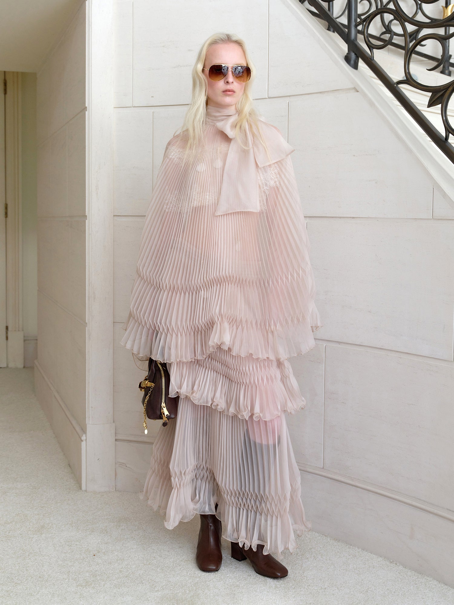 Sheer Yarn Fixed Pleat Bow Tie Top