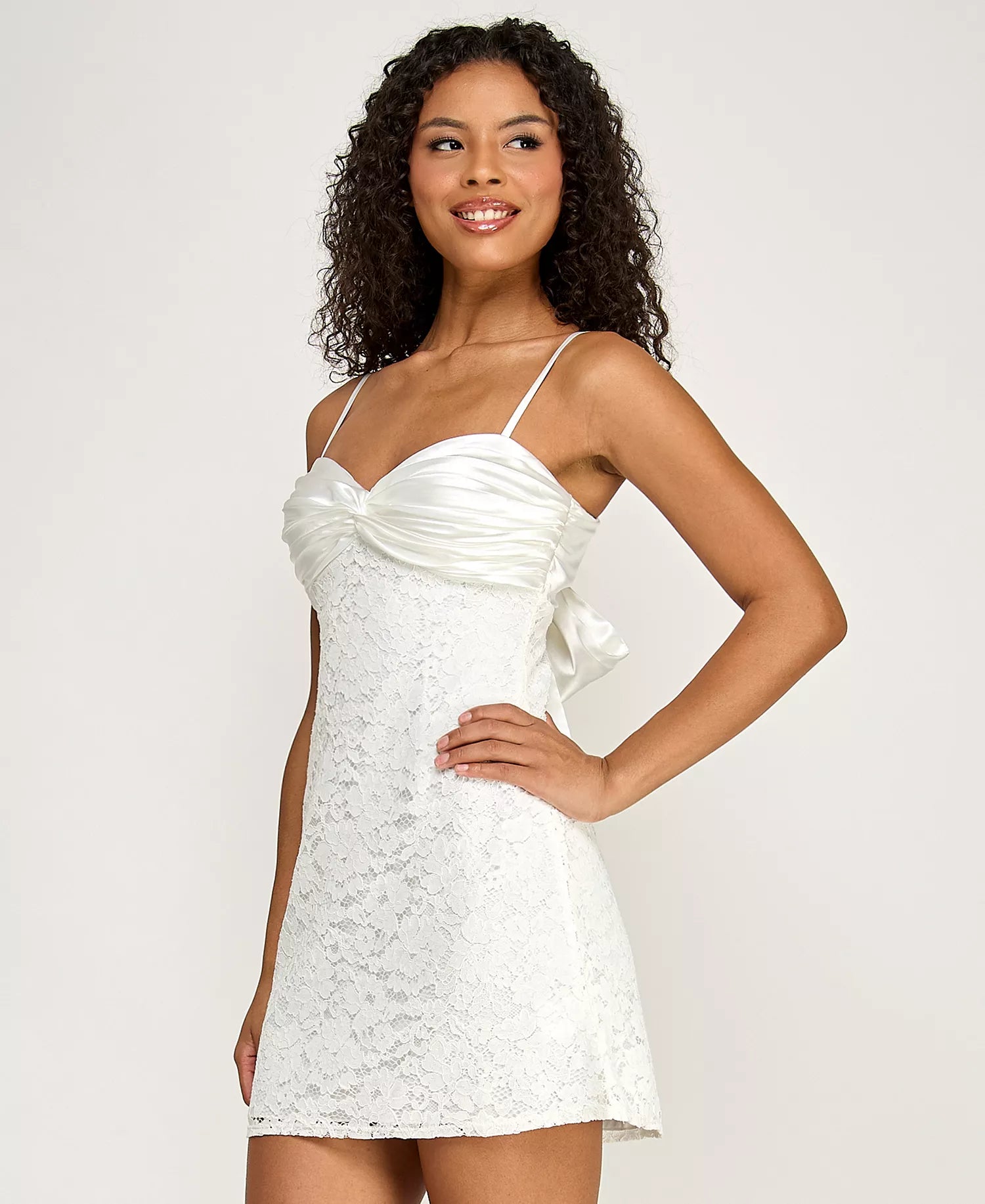 Juniors' Corded Lace with Satin Top and Bow Back Mini Dress