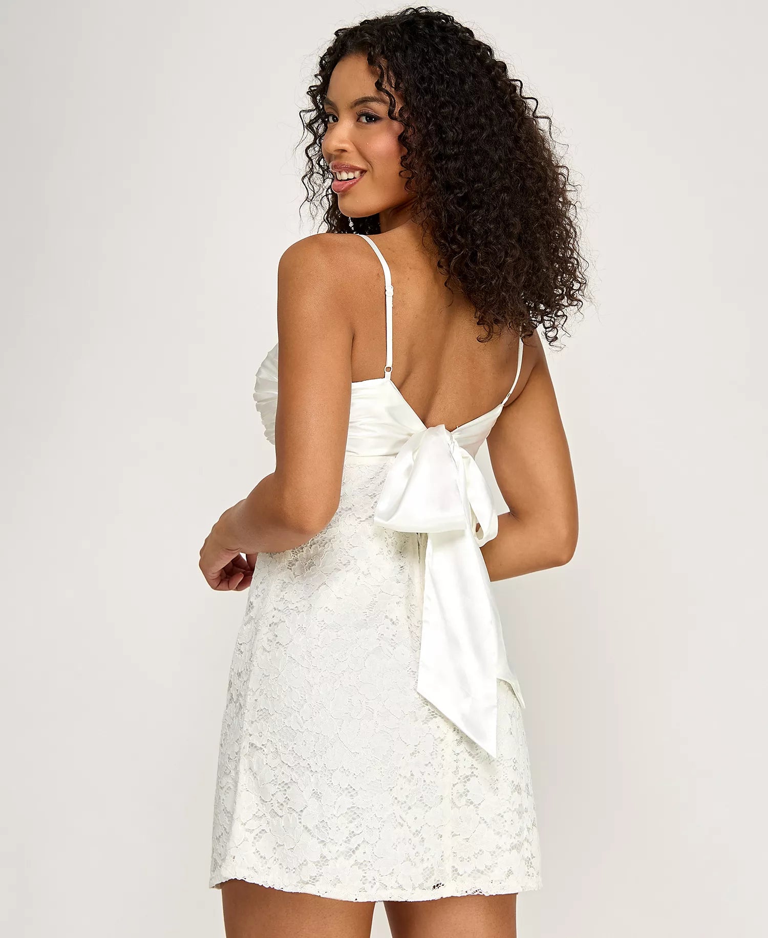 Juniors' Corded Lace with Satin Top and Bow Back Mini Dress
