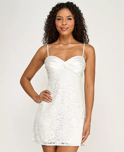 Juniors' Corded Lace with Satin Top and Bow Back Mini Dress