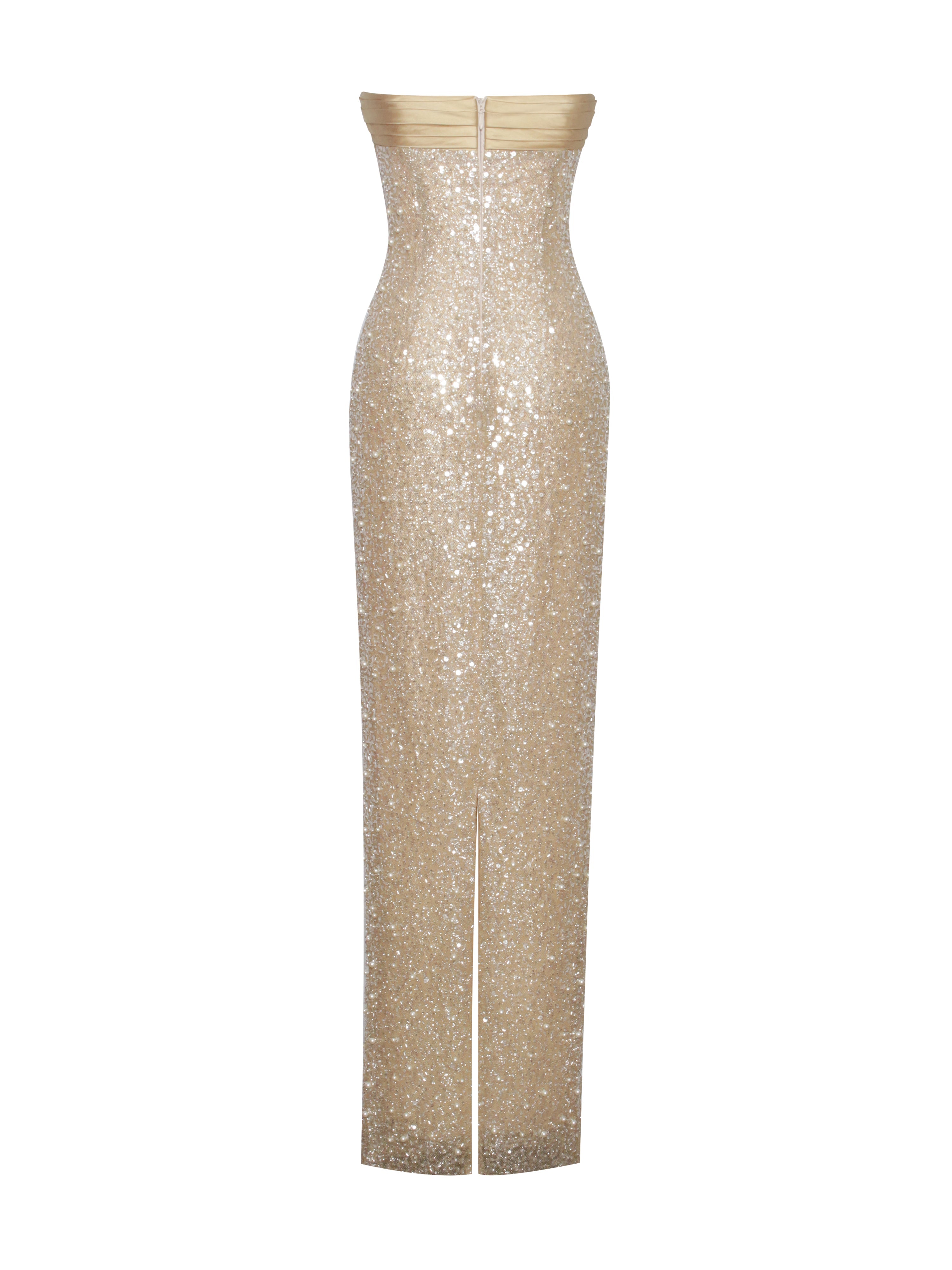 Lainey Golden satin sequin pearl beaded long dress