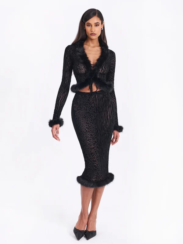 Halia Black Animal Print Burnout Velvet Fur Trim Top & Skirt
