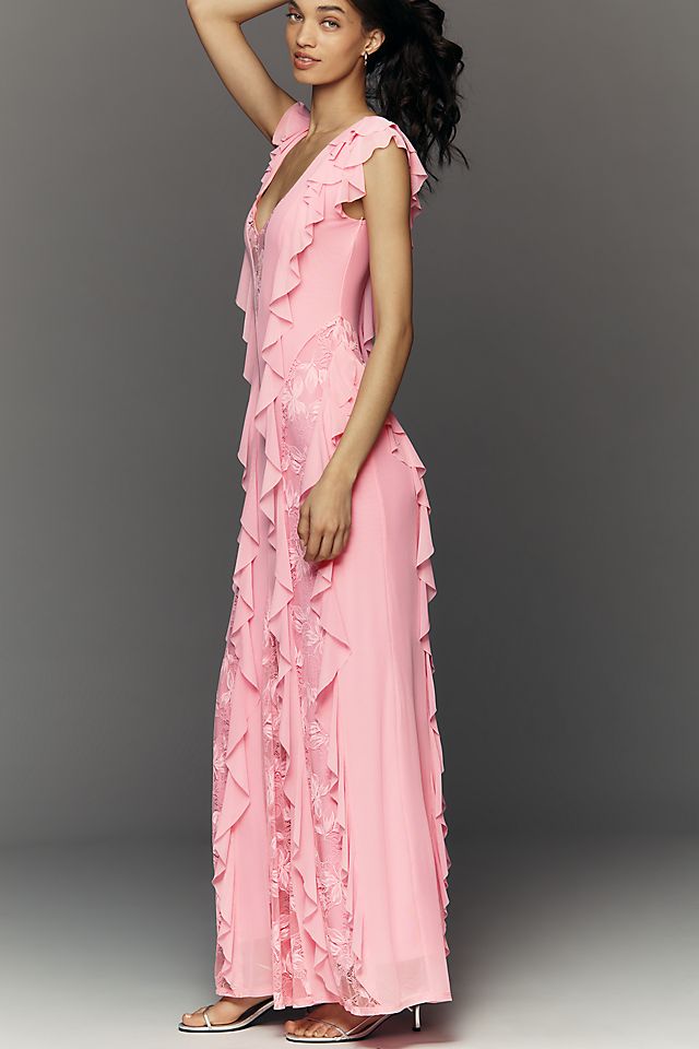 AFRM Trista Ruffle-Sleeve V-Neck Maxi Dress