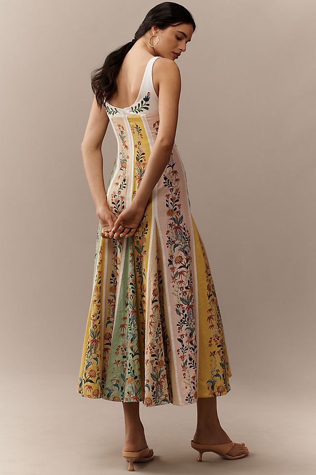 Farm Rio Linen Floral Stripe Maxi Dress