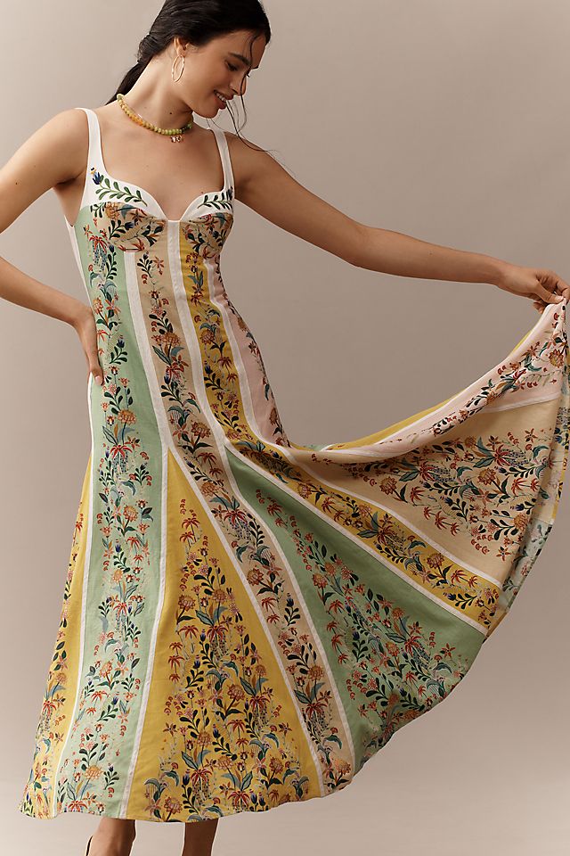 Farm Rio Linen Floral Stripe Maxi Dress