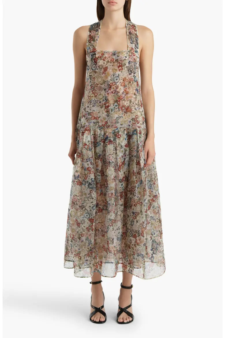 Amello Floral Drop Waist Silk Organza Pinafore Dress