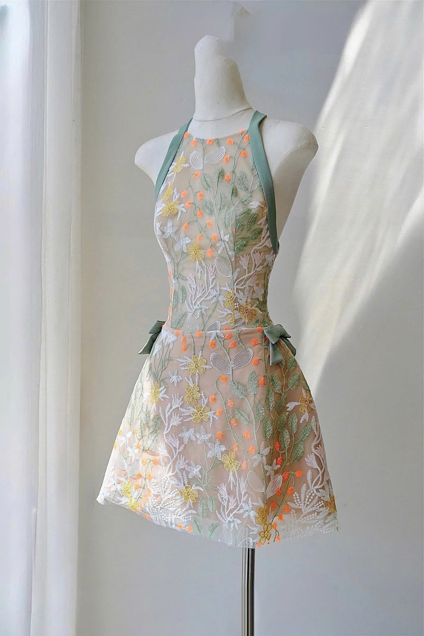 Floral Embroidered Halter Mini Dress