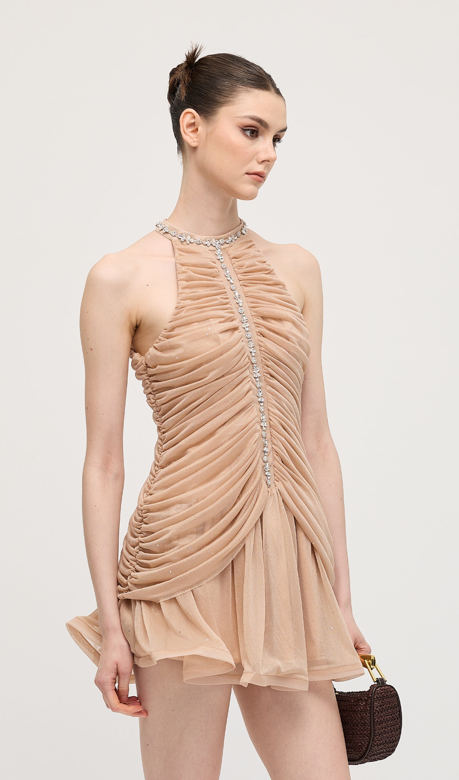 Embellished Ruched Mini Dress In Apricot