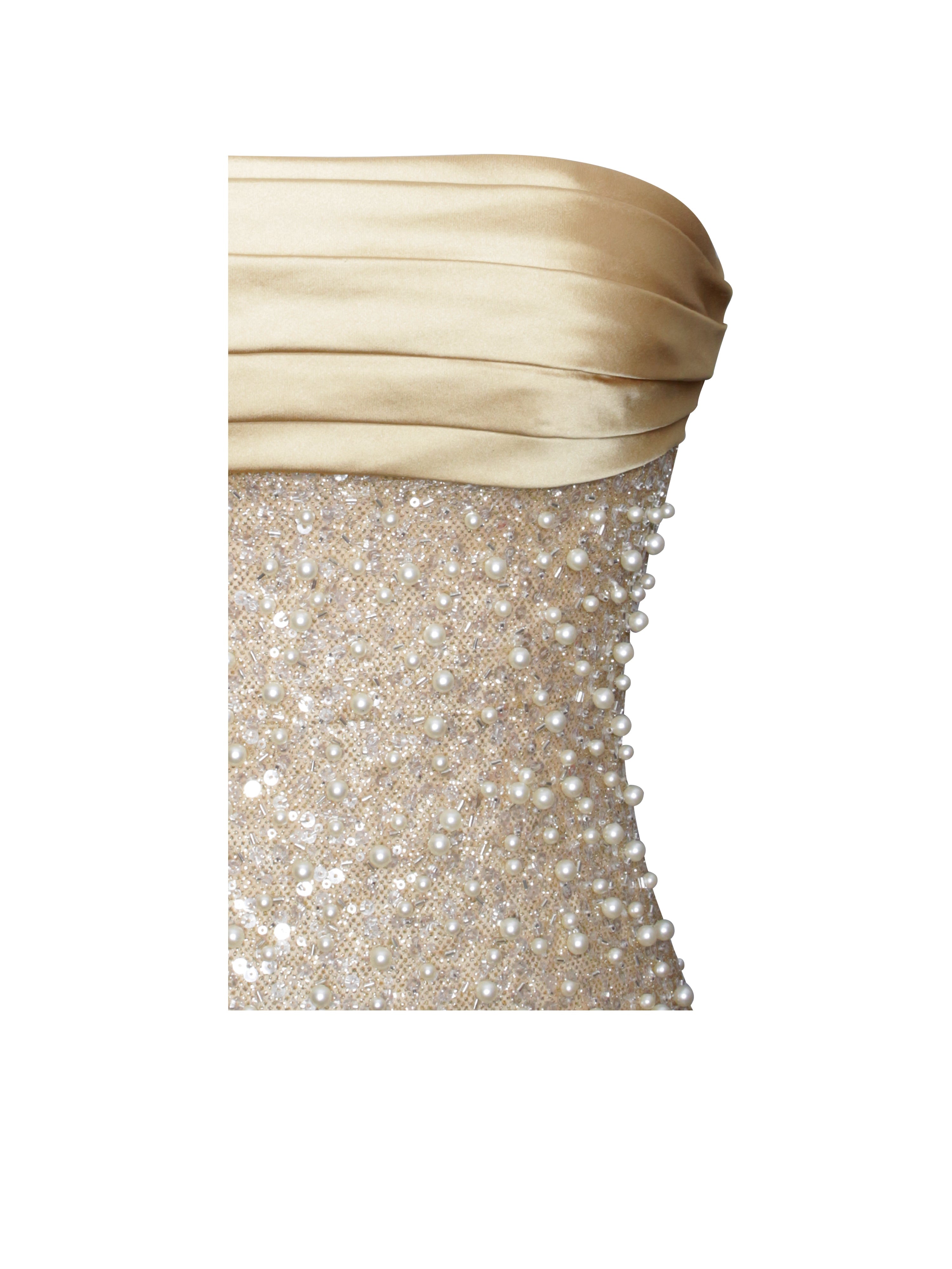 Lainey Golden satin sequin pearl beaded long dress