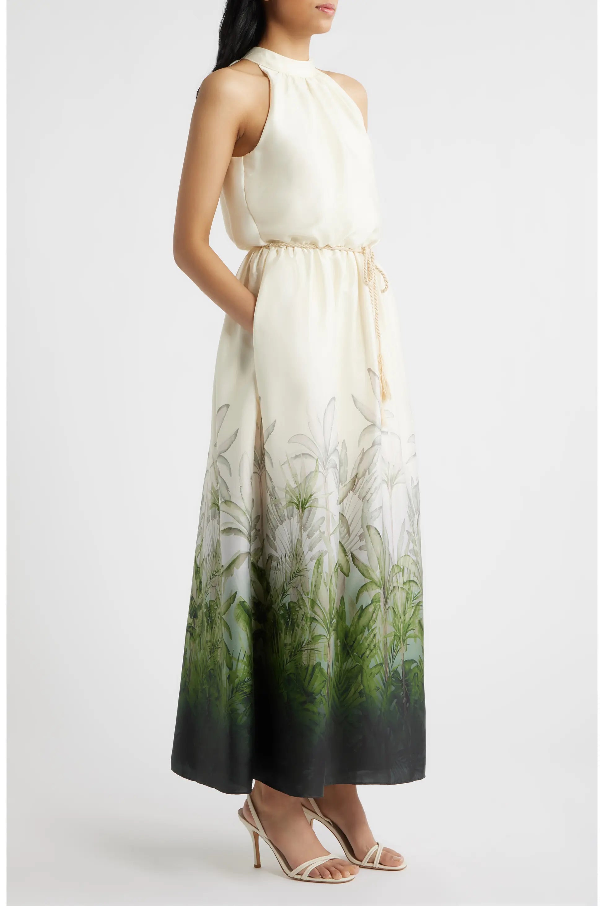 Tropical Print Mock Neck Maxi Dress