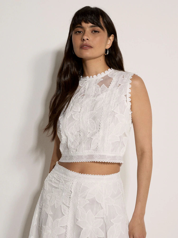 Apricot White Floral Mesh Lace Midi Set