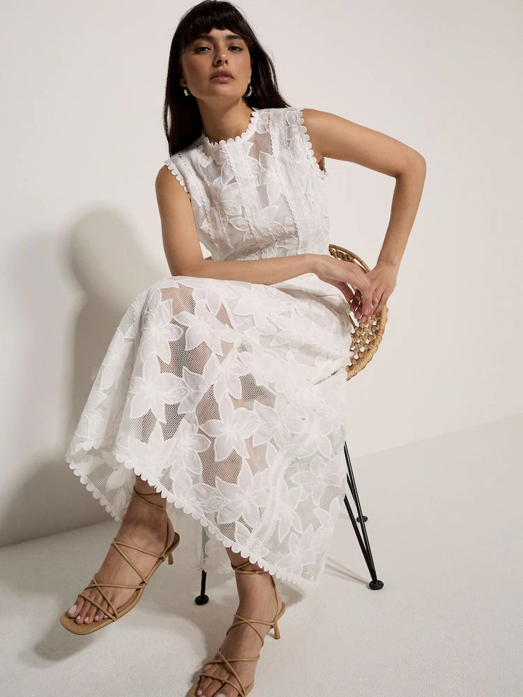 Apricot White Floral Mesh Lace Midi Set