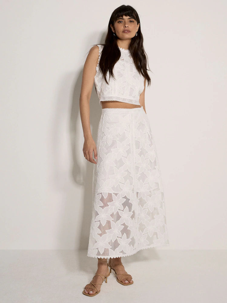 Apricot White Floral Mesh Lace Midi Set