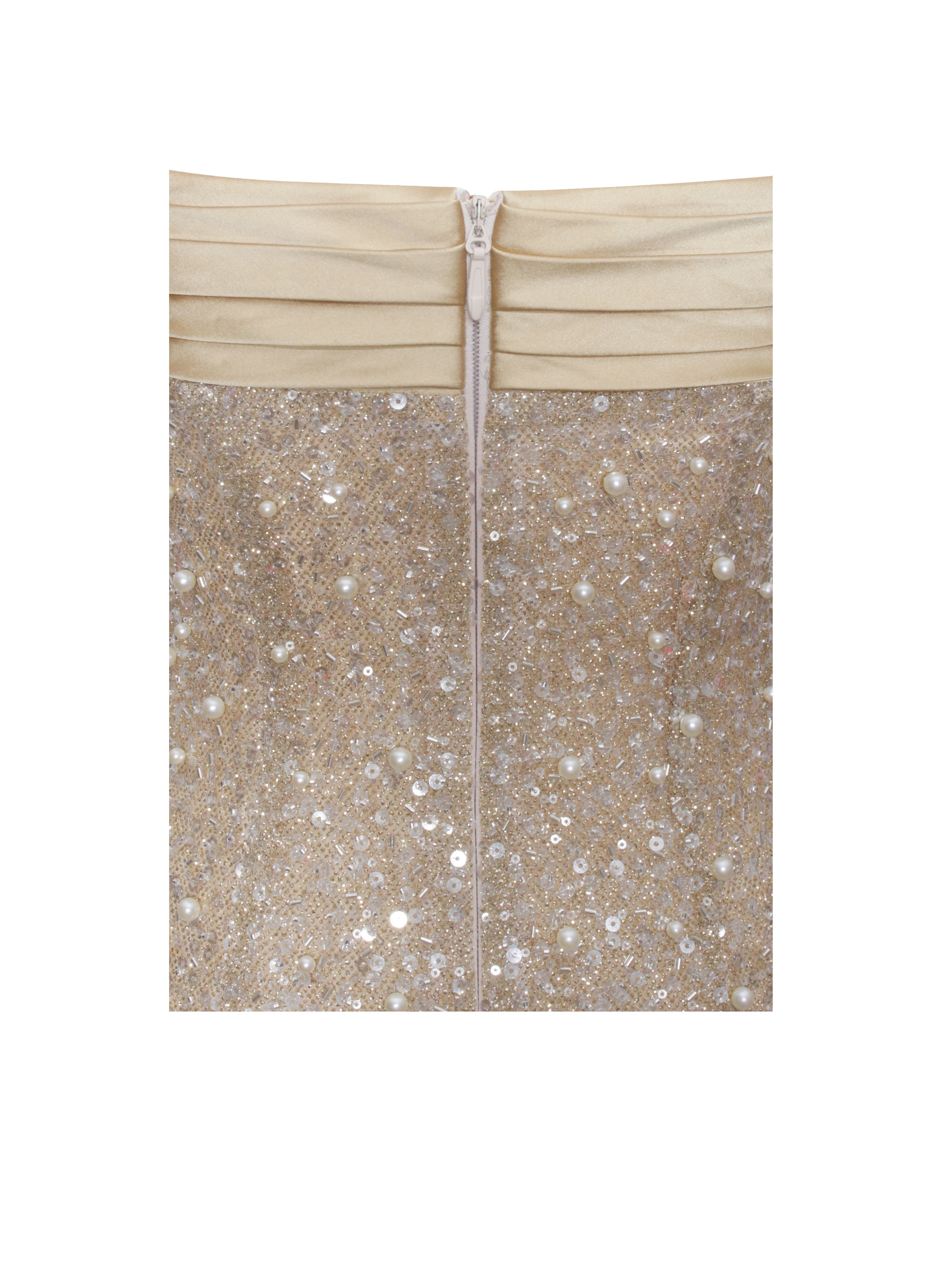 Lainey Golden satin sequin pearl beaded long dress