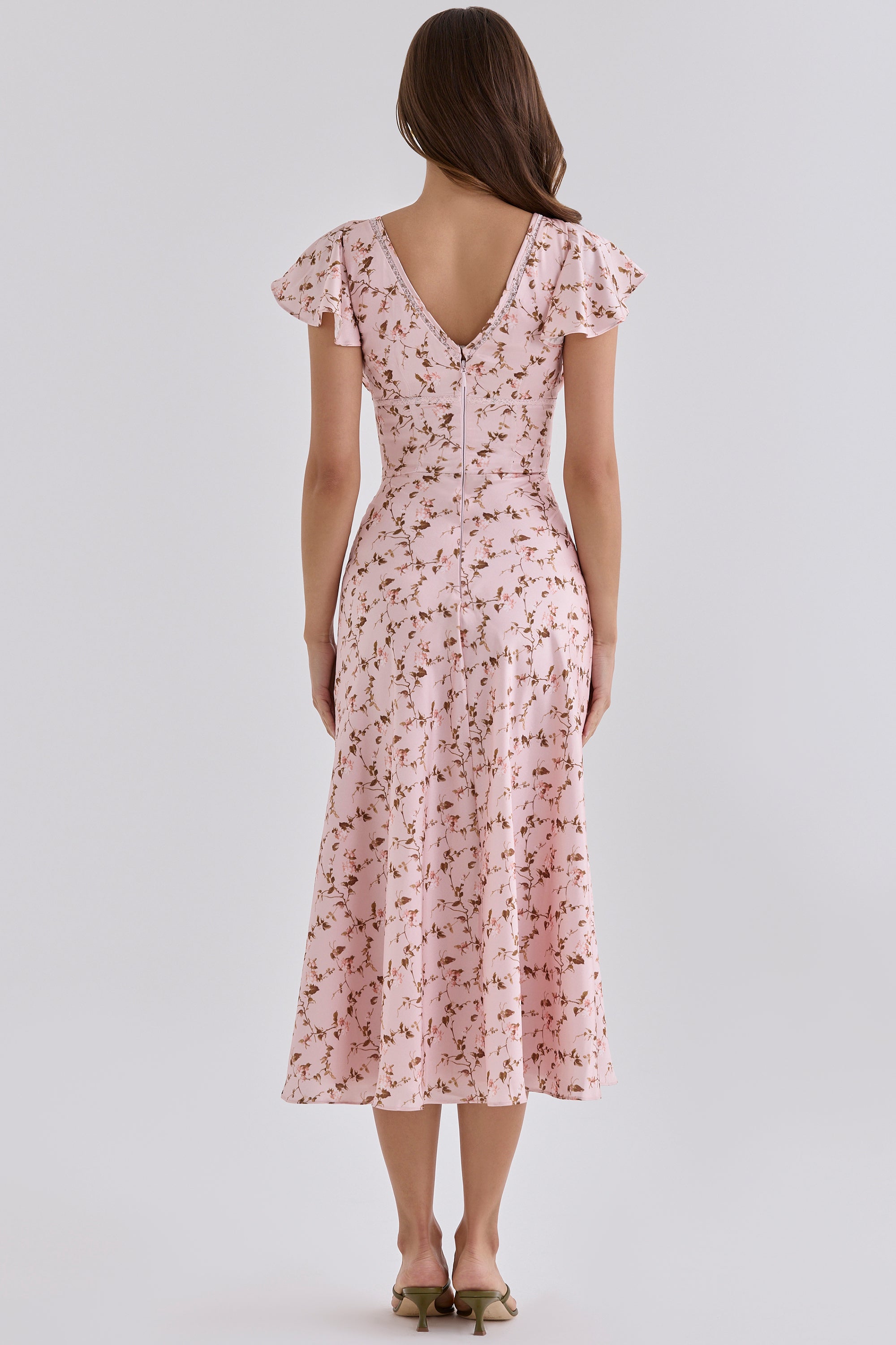 Raye Vintage Floral Print Pink Satin V-Neck Midi Tea Dress