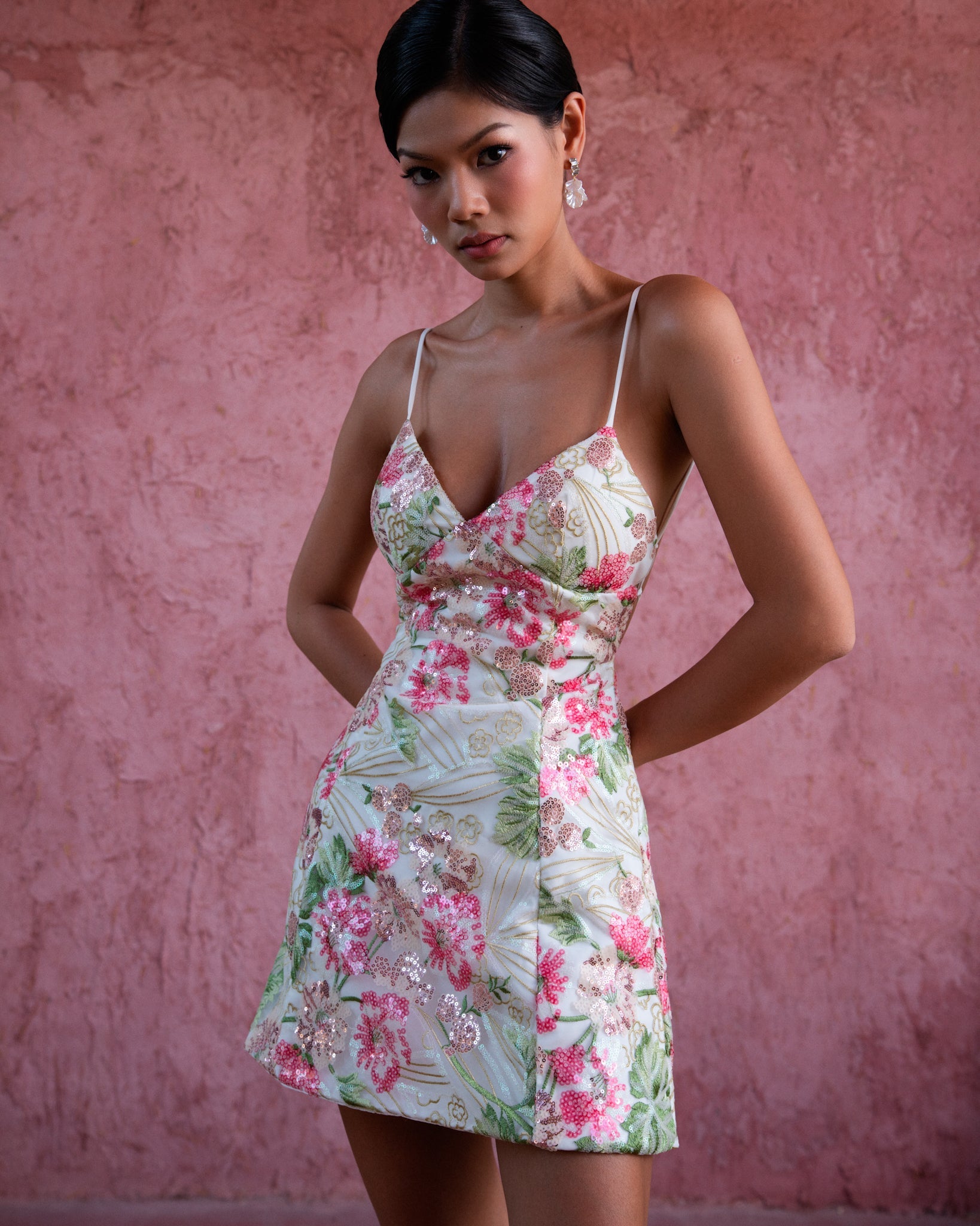 Flora dress - Floral embellished mini dress in white
