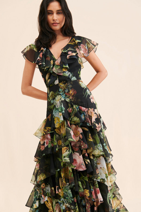 Floral Chiffon Ruffle Maxi Dress