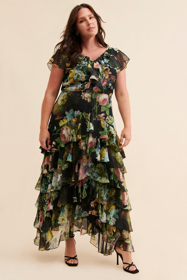 Floral Chiffon Ruffle Maxi Dress