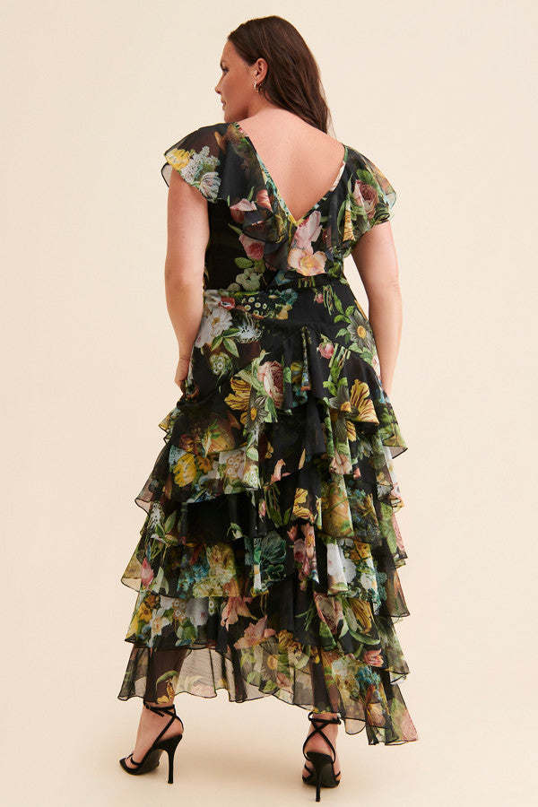 Floral Chiffon Ruffle Maxi Dress