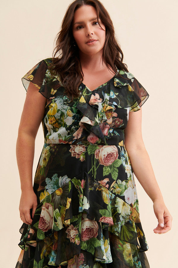 Floral Chiffon Ruffle Maxi Dress