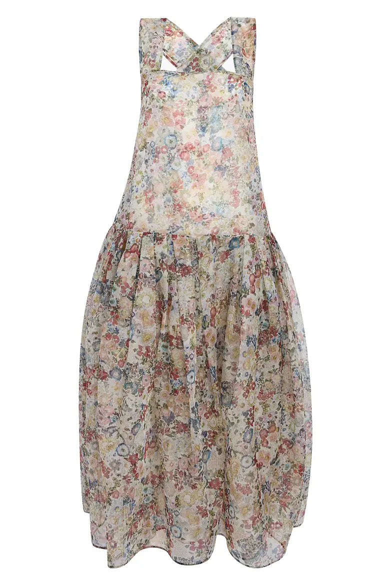 Amello Floral Drop Waist Silk Organza Pinafore Dress