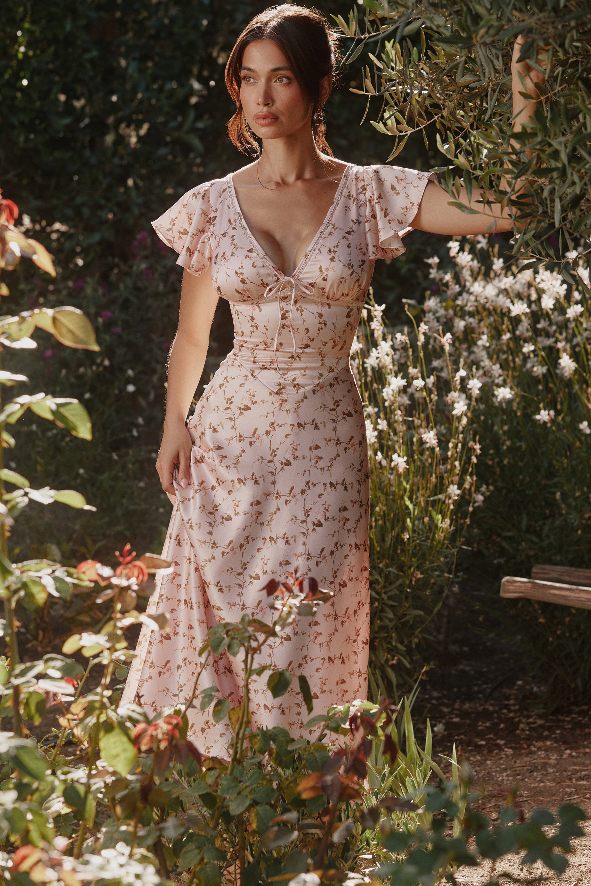 Raye Vintage Floral Print Pink Satin V-Neck Midi Tea Dress