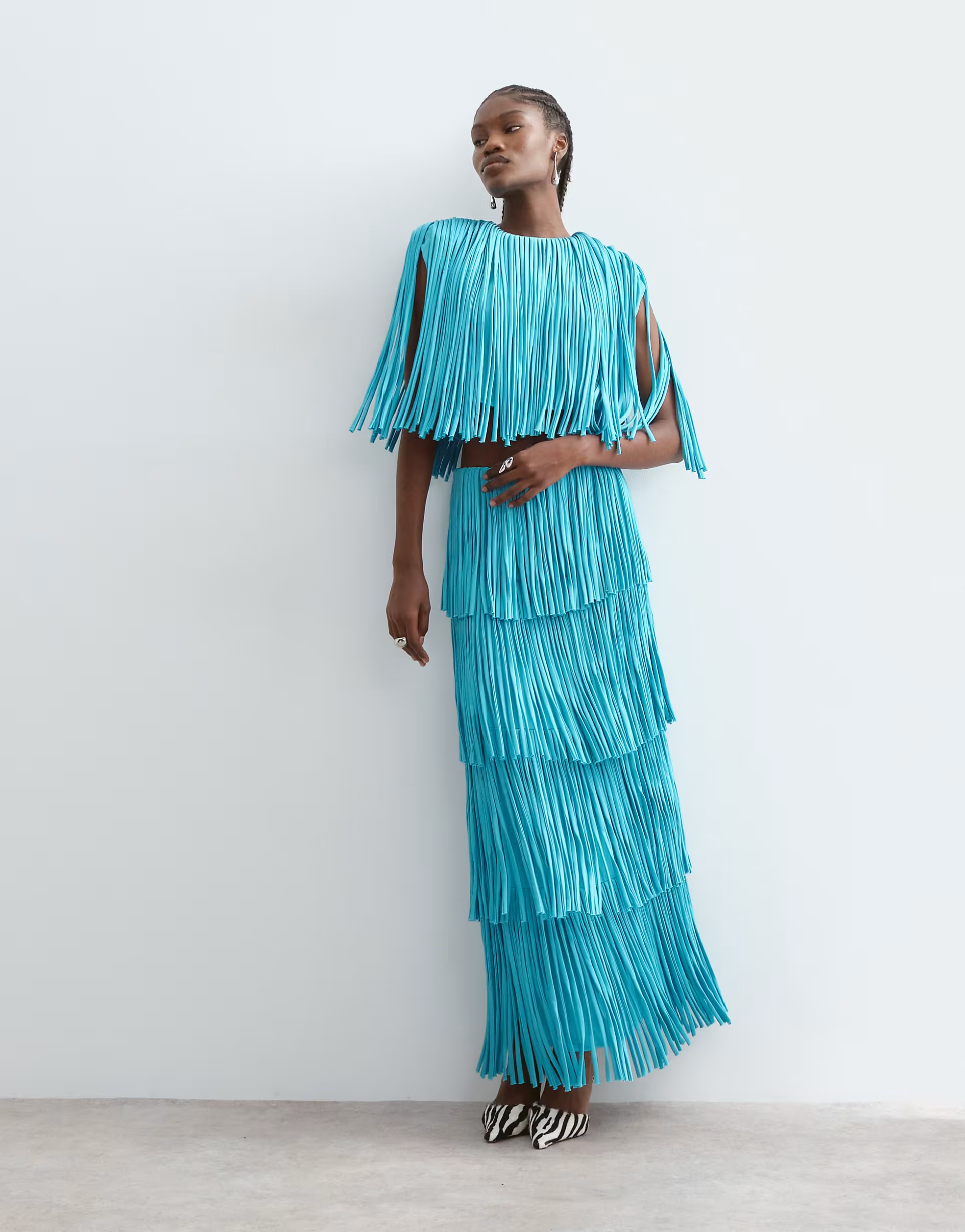 ARRANGE tiered fringe square cut set co ord in blue | ASOS