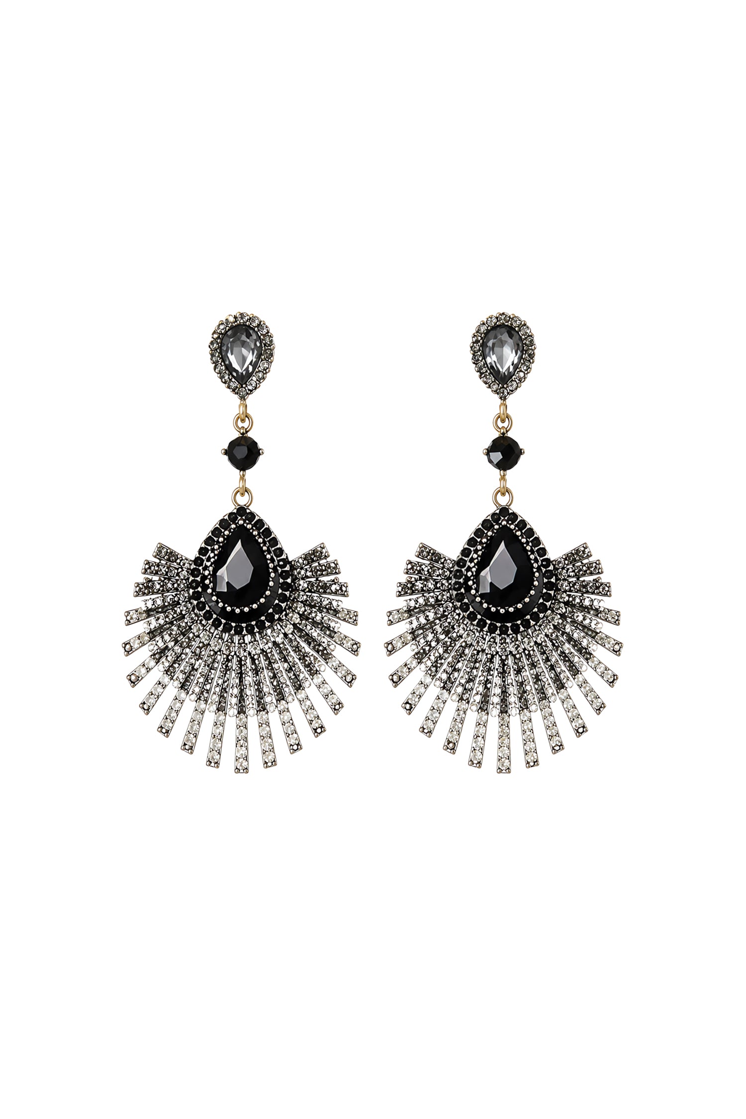 Irosa Vintage Black Crystal Radiating Fan Shaped Tassel Earrings	