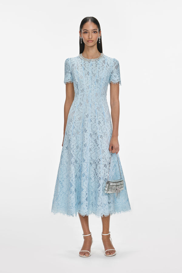 Blue Lace Embellished Midi Dress