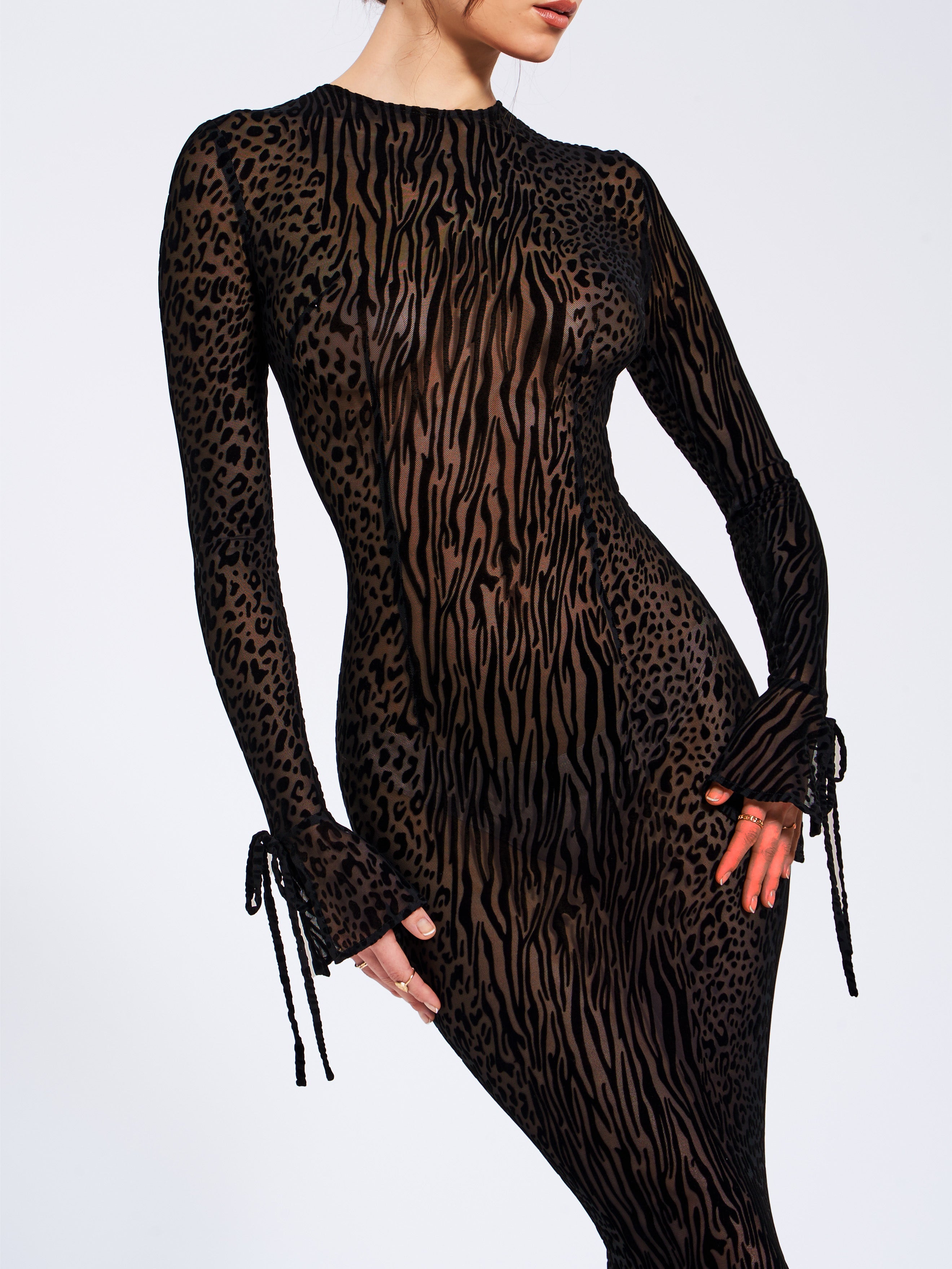 Waylynn Black Burnout Velvet Detail Mesh Backless Maxi Dress