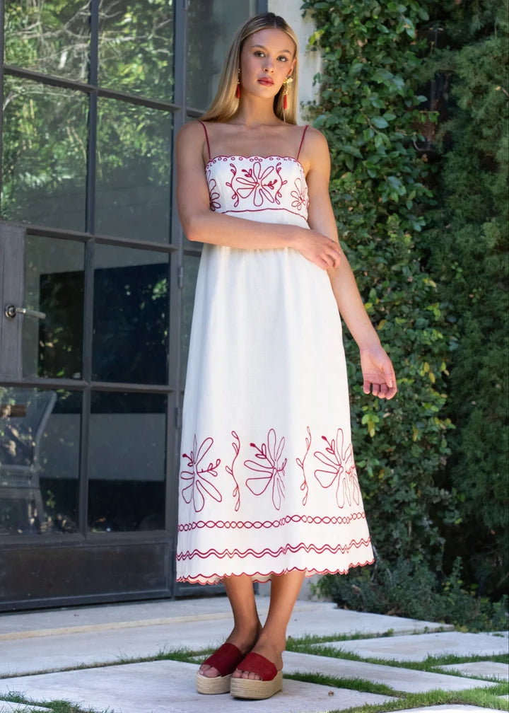 Carol Cream with Red Floral Embroidery Maxi Dress