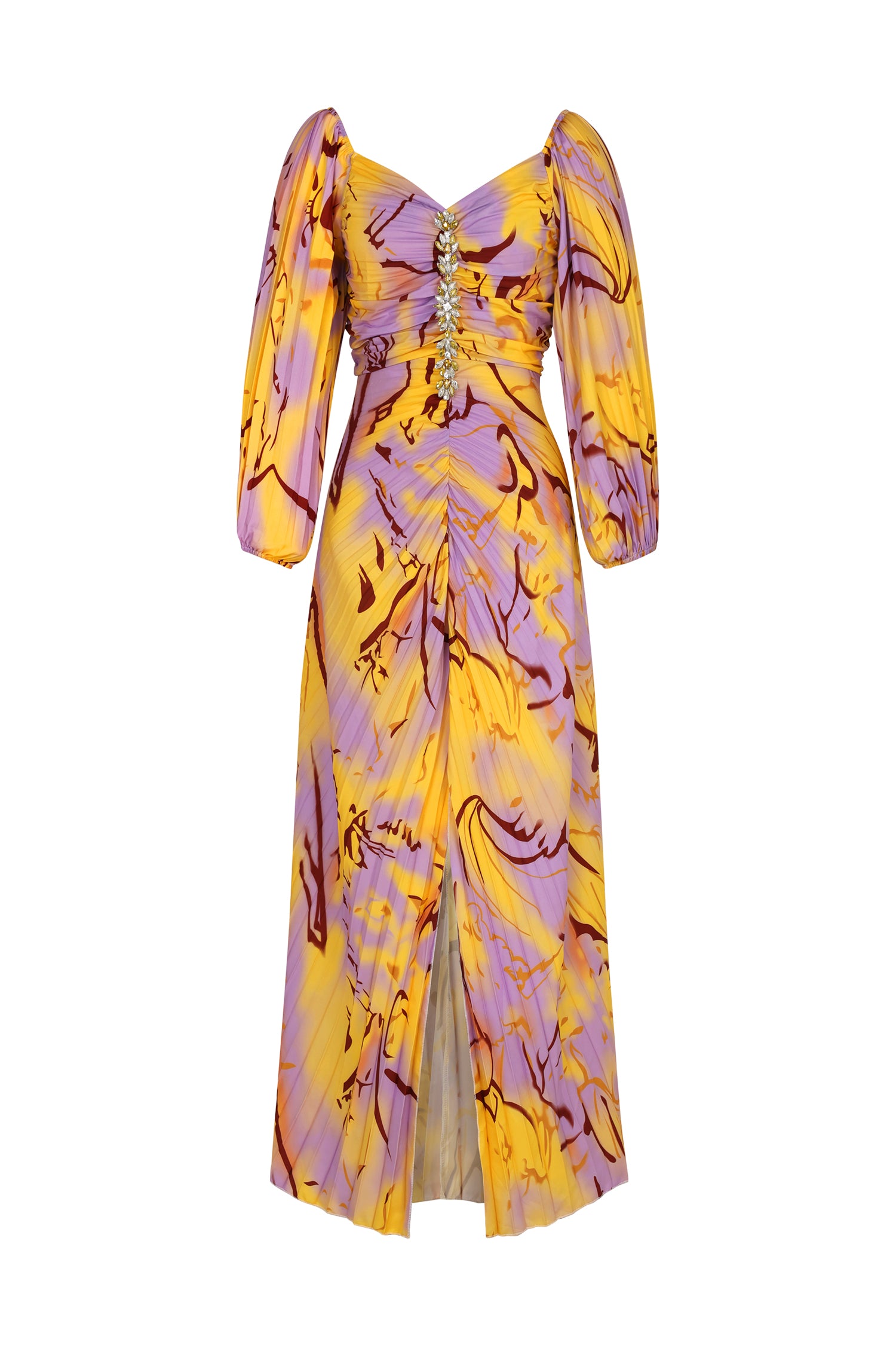 Quanha Diamond Printed Long Sleeves Slit Maxi Dress